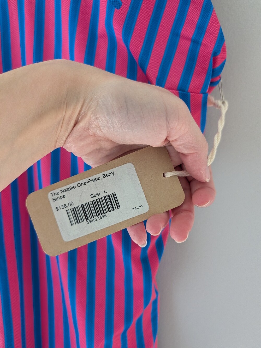 NWT Albion Fit Natalie One Piece Swimsuit L Berry Stripe Pink Blue $138 - Picture 3 of 7